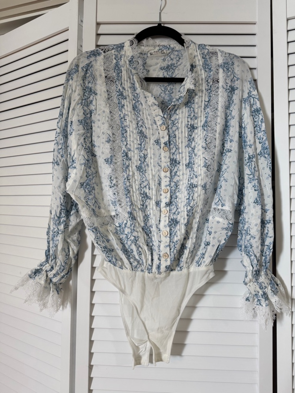 NWOT Free People Blue and White Lace-Trim Button Front Bodysuit